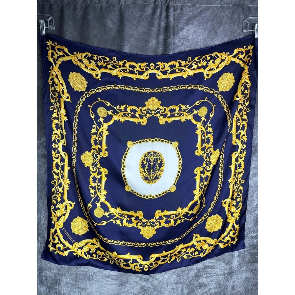 Vintage Faberge Large Scarf 32x32 Navy Blue Gold Baroque 100% Silk Hand Sewn